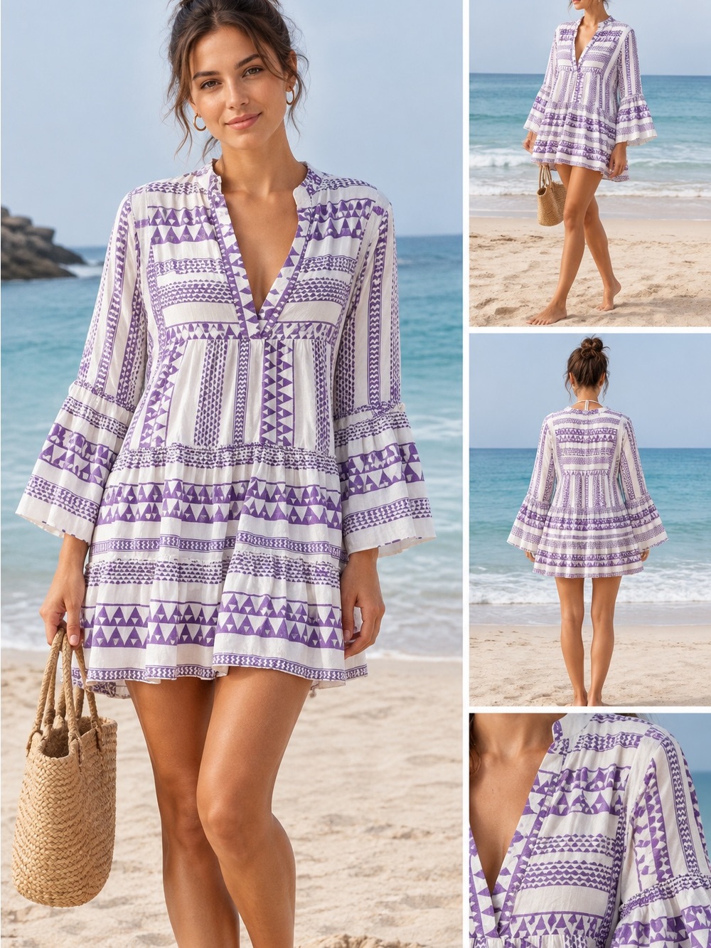 Purple & White Printed Women’s Beach Cover-Up Dress